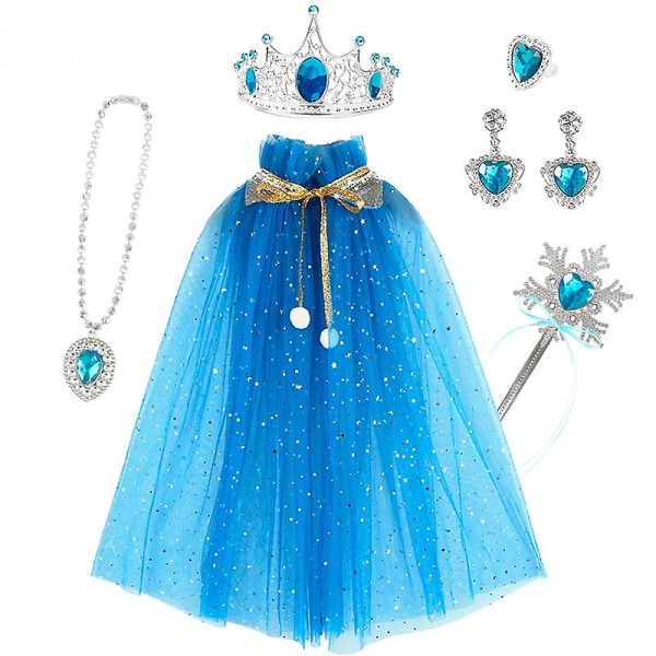 7 stk Princess Cape Sæt Piger Prinsesse Fest Cosplay Kappe Med Tiara Crown Wand Til Små Piger Dress Up Lad som Leg blue