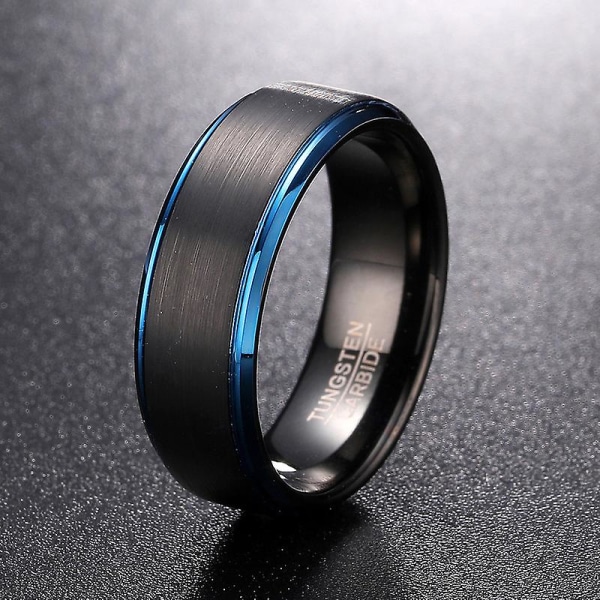 8mm sort børstet satinfinish Tungsten Carbide Flat Band Ring M/ Brilliant Royal Blue Trinted Kanter Og Comfort Fit Indre Band. 11