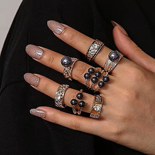 7 stk Black Pearls Ringer Kvinner Krystall Gull Ringer Sett Knoke Ringer Vintage Joint Knot Rings Sett For Tenåringer Fesvital Smykker Halloween Party Jul