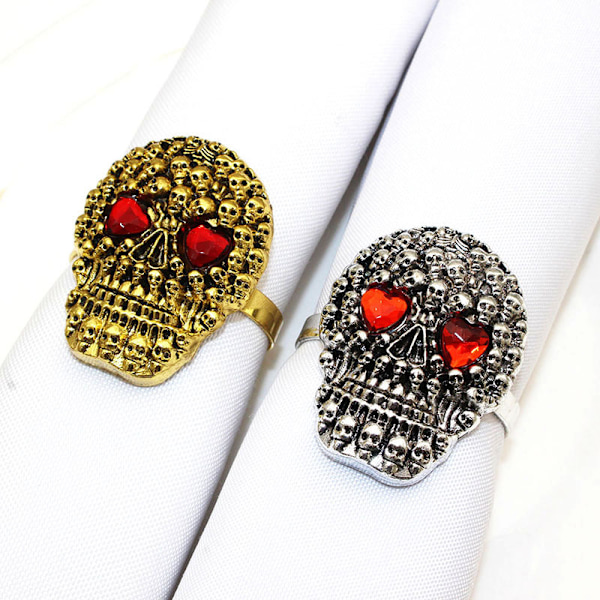 Halloween Servettringar Set om 12 Rhinestone Skalle Servetthållare Ringar Silver Red Eyes