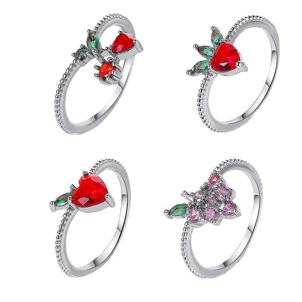 4 Stackable Rings Strawberry Grape Cherry Fruit Ring Water Diamond Ring Jewelry