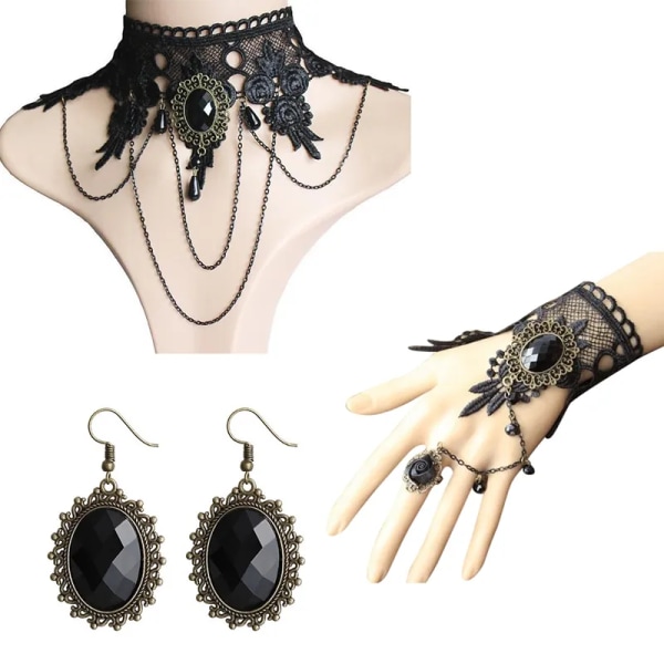 Korusetti Naisten Vintage Gootti Korvakorusetti Halloween Naisten Setti Pitsi Choker Kaulakoru Sormus Käsi Rannekorusetti Sunmostar