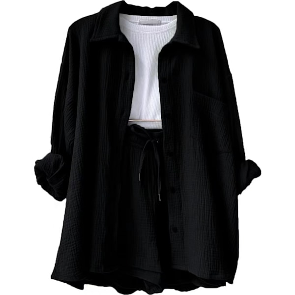 Skrynklig krage för kvinnor, långärmad skjorta, shorts med dragsko med hög midja, moderiktigt casual set i två delar black M black m
