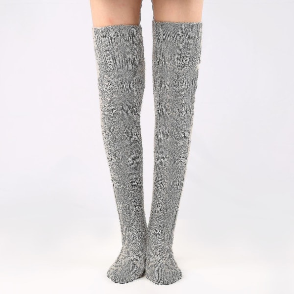Kabelstrik Lår høje sokker kvinder vinter over knæstrømper Lange benvarmere Gray