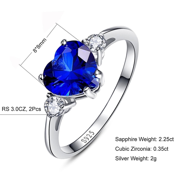 925 Sterling hopea 8mm Sydänleikattu Safiiri Cubic Zirkonia sormus Naisten Korut Blue 7.5