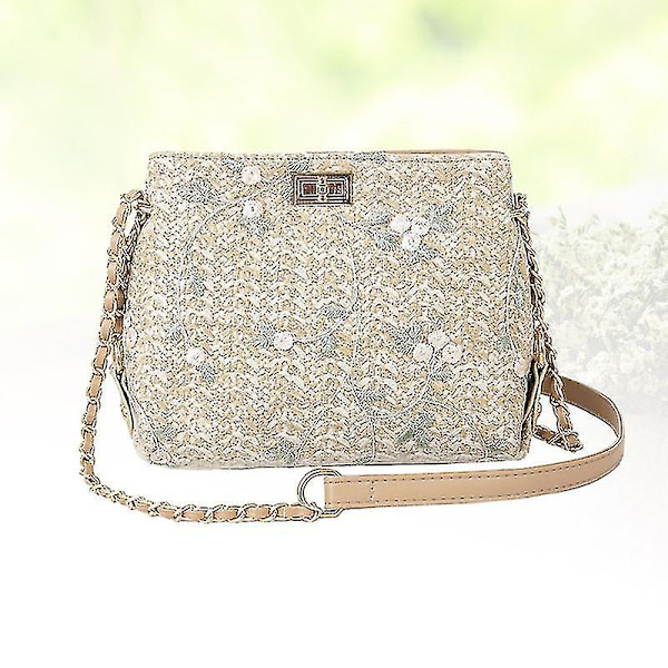 Khaki Straw Weaving Axelväska Sommar Crossbody Bag Multifunktion Strandväska Fashionabla spetsblommiga påse för damflickor