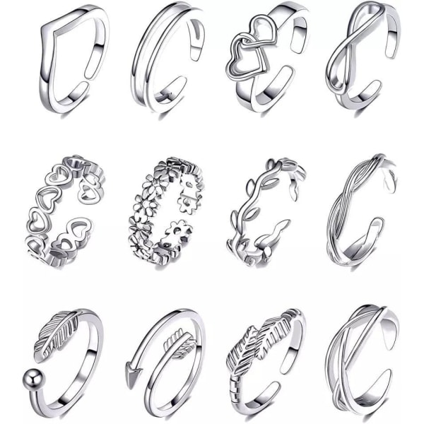 12-pack Boho  Ringar / Tåringar - Justerbara silver