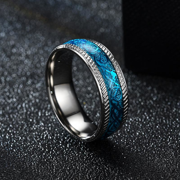 Trendig 8mm Herr S Blue Dragon Ring i rostfritt stål Viking Knot Inlay Blue Carbon Fiber Ring Herr S Bröllopsring Storlek 6-13 12 SilverBlue