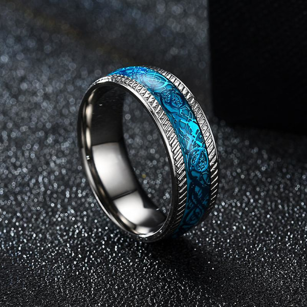 Trendy 8 mm Herre S Blue Dragon Ring i rustfritt stål Viking knuteinnlegg blå karbonfiberring Herre S Bryllupsbånd størrelse 6-13 11 Gold