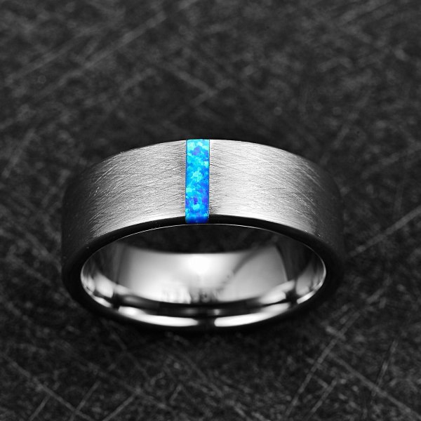 Nuncad 8 mm Bredde Herrering Bryllupsring Forlovelsesring Indlagt Blå Opal Overflade Børstet Tungsten Carbide Ring 9