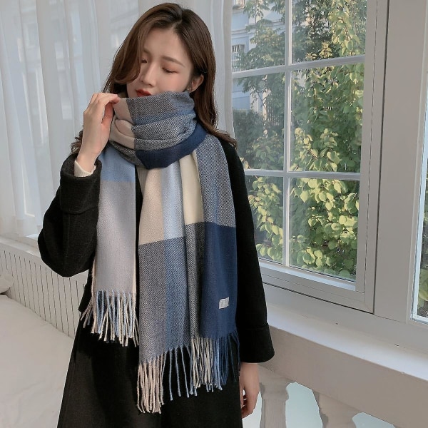 Shxx Lang ruteteteppe for kvinner Chunky Oversized Varmt skjerf for vinter/høst, stort tartanskjerf Wrap sjal A1017-121 Blue