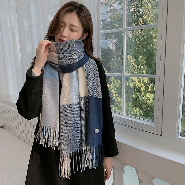Shxx Lång Rutig filt för kvinnor Chunky Oversized Vinter/höst Varm Scarf Stor Tartan Scarves Wrap Sjal A1017-121 Blue