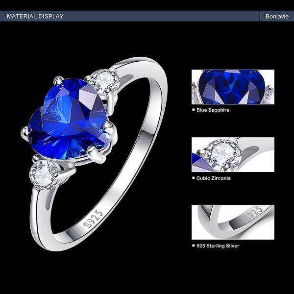 925 Sterling Silver 8 mm hjärtskärning safir Cubic Zirconia Ring Damsmycken Blue 9.5