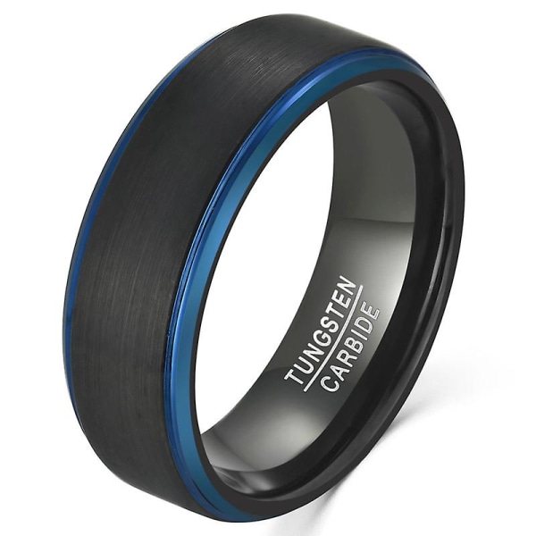 8mm svart borstad satinfinish Tungsten Carbide Flat Band Ring W/ Brilliant Royal Blue Steped Kanter och Comfort Fit Inner Band. 12.5
