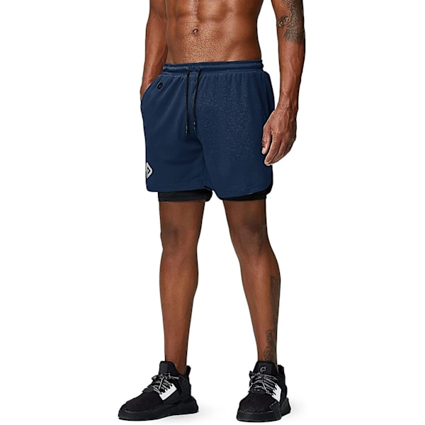 2 i 1 löparshorts med telefonficka Gym Workout Snabbtorka herrshorts 5 tum Navy Blue Navy Blue XX-Large