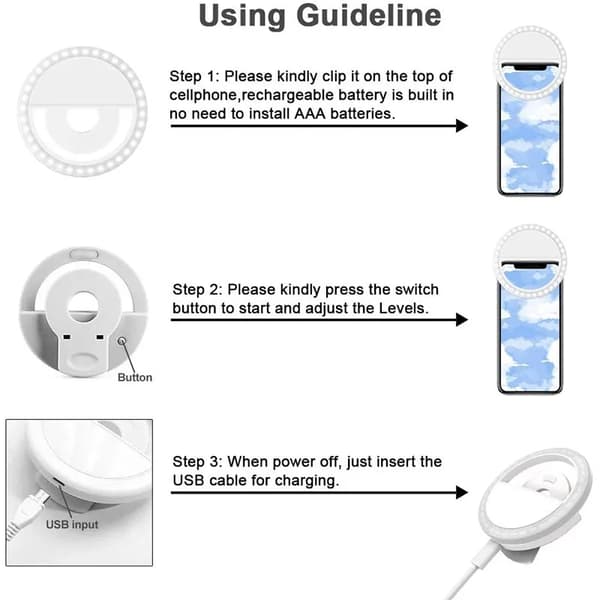 Clip-On Selfie Lampe for Smartphone LED Ring Light hvit white