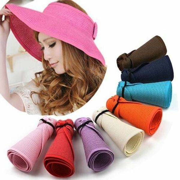 Kvinnors Roll Up Bred Bow Hat Cap Vikbart justerbart solskydd beige
