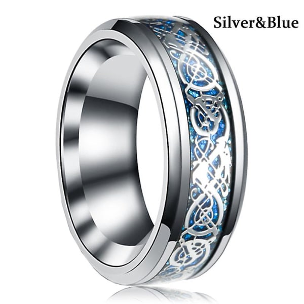 Trendig 8mm Herr S Blue Dragon Ring i rostfritt stål Viking Knot Inlay Blue Carbon Fiber Ring Herr S Bröllopsring Storlek 6-13 7 SilverBlue