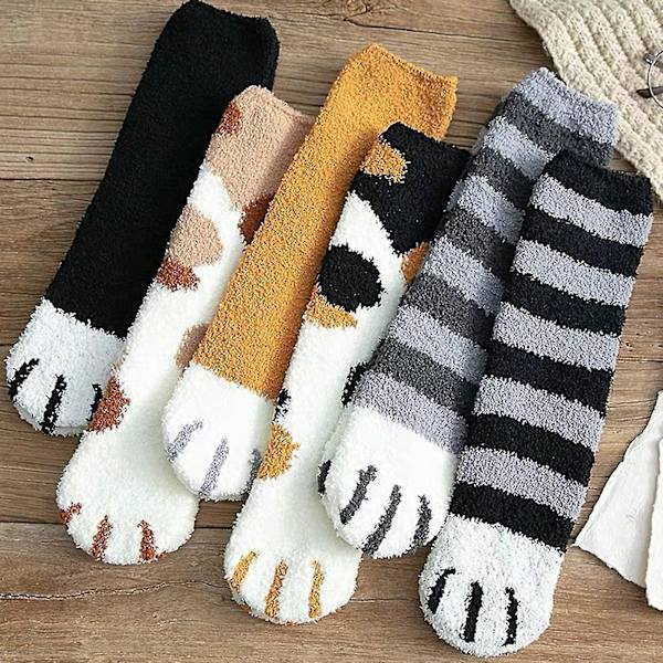 Söt tecknad katt tassrandiga strumpor - mjuka och varma fotsockor för dammode för tjejer, kreativa djurfingrar strumpa