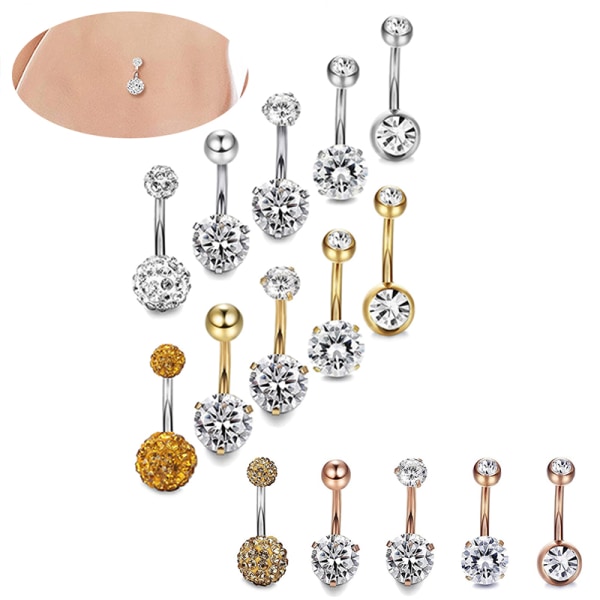 5 STK/ Sett rustfritt stål Krystall navleringer Bar P Rose Gold