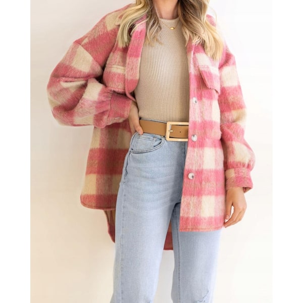 Talvi Villakangastakki Rento Ruudullinen Flanelli Shacket Takki Ylisuuri Napillinen Pitkähihainen Syksy Paitatakki Takki Topit Takki Naiset PINKKI PINK XL