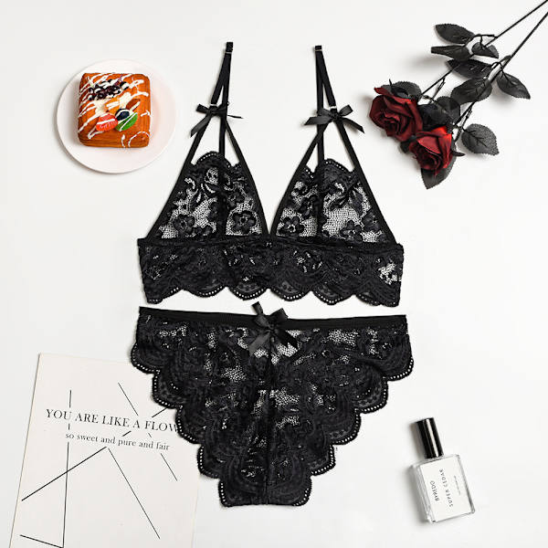 Sexiga underkläder Dam Babydoll Underkläder Sovkläder BH Trosor Set svart black XL