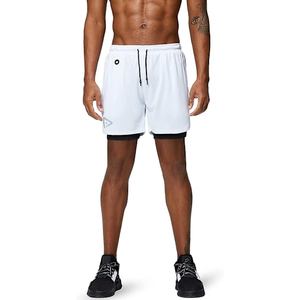 2 i 1 löparshorts med telefonficka Gym Workout Snabbtorka herrshorts 5 tum White White Large