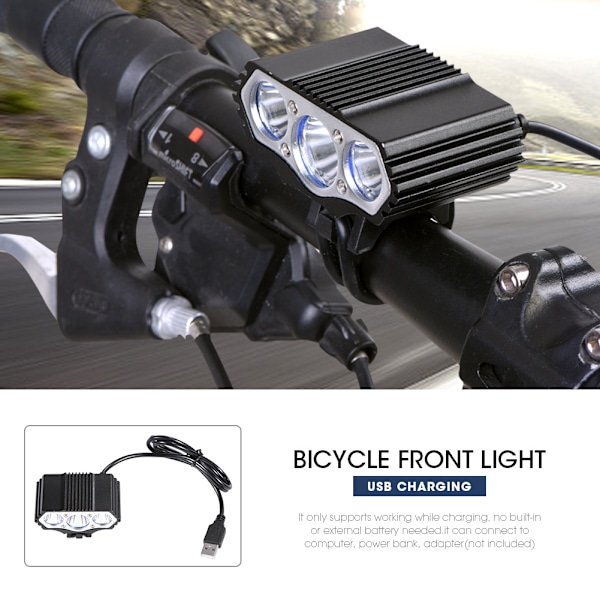 F3 Stærkt Lys USB Cykel Forlygte Genopladelig Stærkt Lys LED-lampe Professionel Cykellygte - Sort
