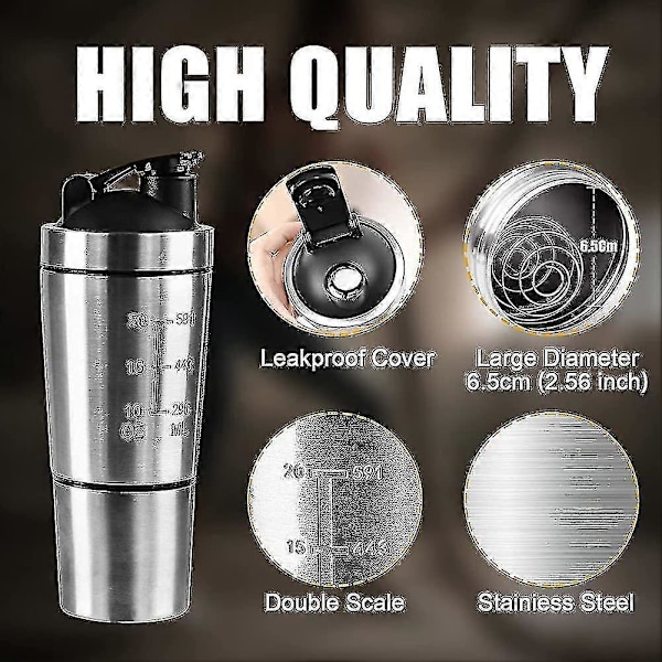 700 ml + 200 ml Ruostumattomasta teräksestä valmistettu proteiinishaker vispiläpallolla, kestävä liike
