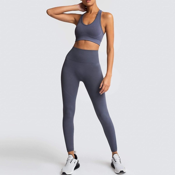 Sömlös stickad yoga bär kvinnors sport bh väst leggings set Grey Grey M