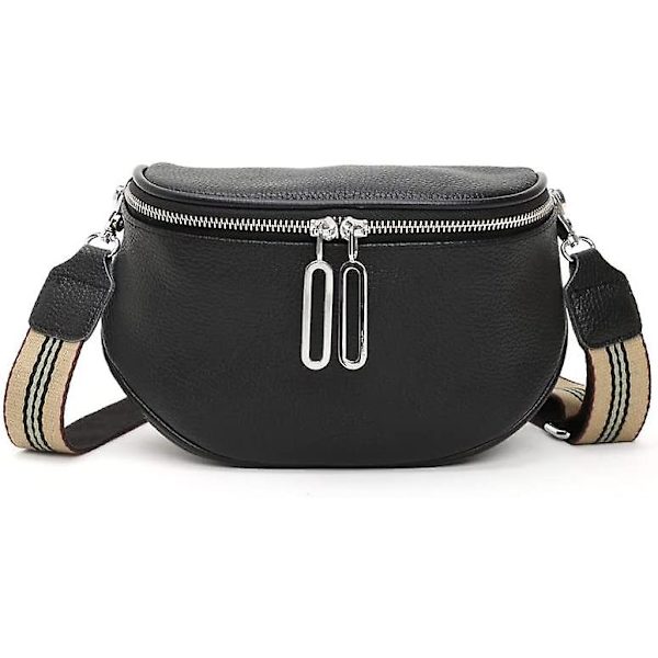 Svart Crossbody-väska kvinnors breda remmar Bröstväska i läder, axelväska, dam Fanny Pack, stilig elegant handväska, dam