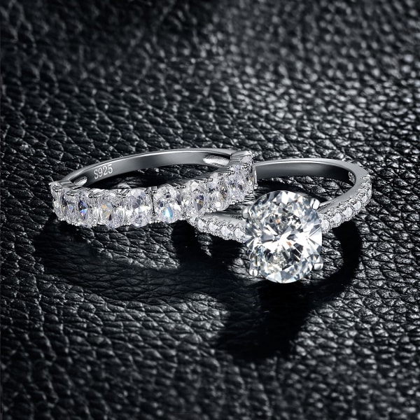Mode 2 delar äkta 925 sterling silver ringar runda brudbröllopsringar set för kvinnor Zirconia smycken silver 9