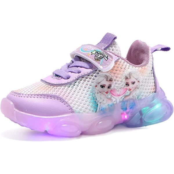 Elsa skor, prinsessa skor, tjejer lysande skor, barn ledde sneakers, pojkar tjejer lätt mesh tyg skor kors träning skor casual kids sneakers Purple 28