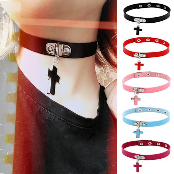 2 kpl musta punk gootti choker kaulakoru pu nahka sydän niitit kaulakoru säädettävä pehmeä ketju kaulakoru (Risti)
