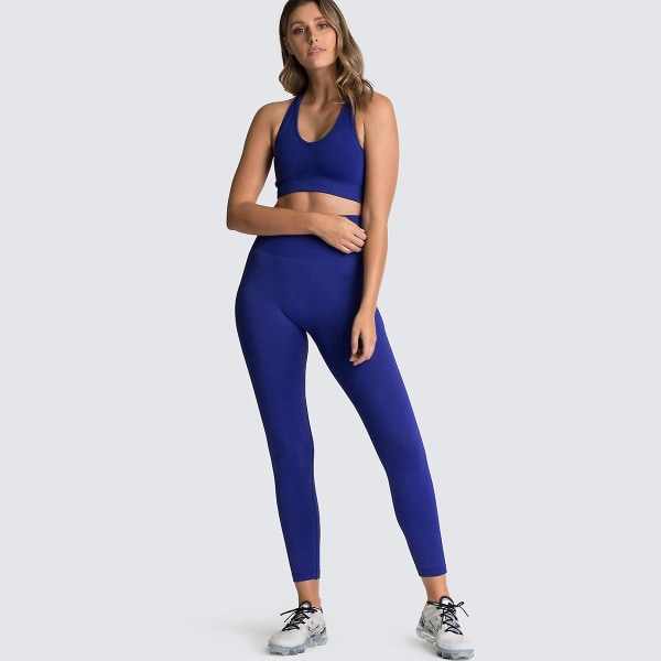 Sömlös stickad yoga bär kvinnors sport bh väst leggings sett Sapphire L