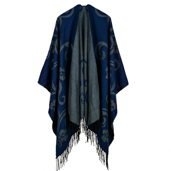 Printed tofs, öppen front Poncho Cape Klassisk elegant omlottsjal Vintage Cardigans filt E