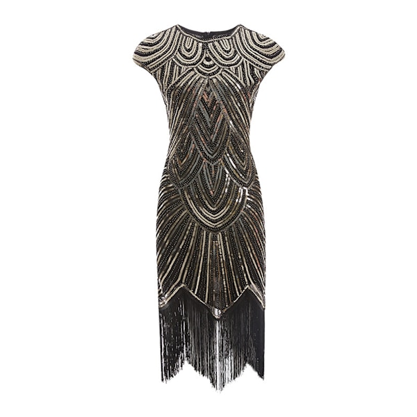 Vintage 1920-luvun Charleston-mekot naisille, kristallihelmillä koristeltu ja hapsullinen Great Gatsby -mekko, musta ja kulta Black&Gold S