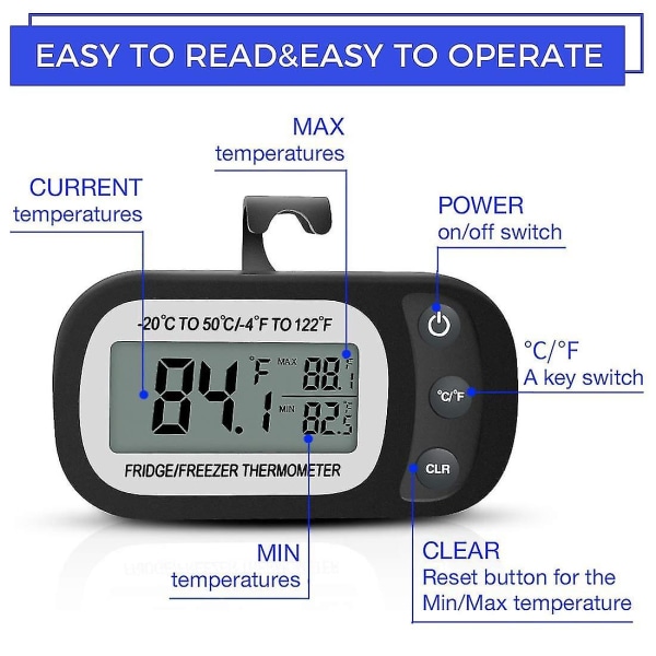 Kjøleskap termometer Digital fryser Romtemperaturmålere med LCD-skjerm for kjøkken, hjem, restauranter svart Black