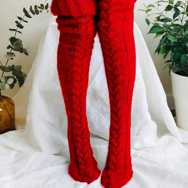 Mode Varma Vinter Stickade Strumpor Kvinnor Över Knä Lång Lår Hög Boot Mjuka strumpor Wine red 85cm
