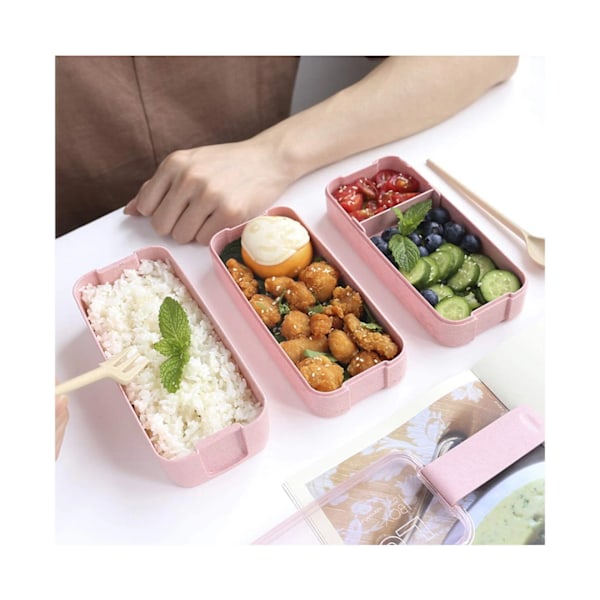 Eväsrasia Bento Lunch Box, 3-in-1 lokero pinottava Bento-rasia, vehnäolki lounasastia aterimilla, BPA-vapaa, mikroaaltouunin kestävä - Pinkki