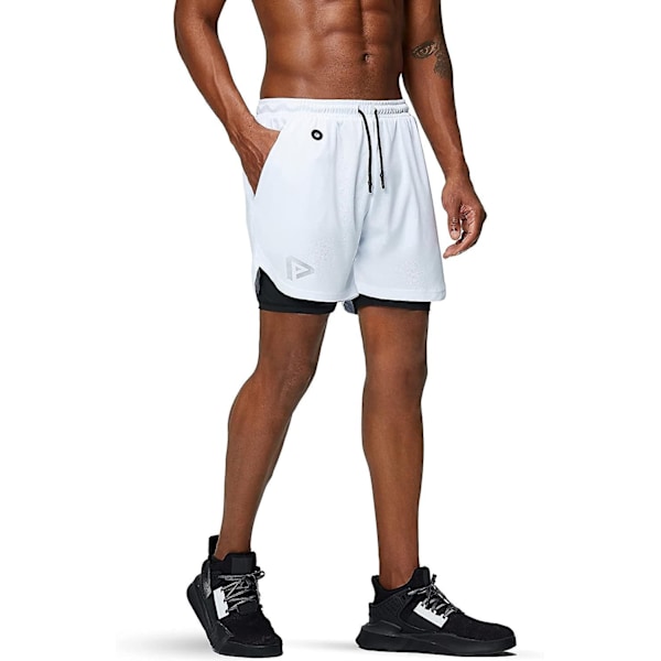 2 i 1 löparshorts med telefonficka Gym Workout Snabbtorka herrshorts 5 tum White White X-Large