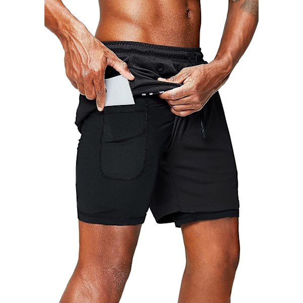 2 i 1 löparshorts med telefonficka Gym Workout Snabbtorka herrshorts 5 tum Black Black Medium