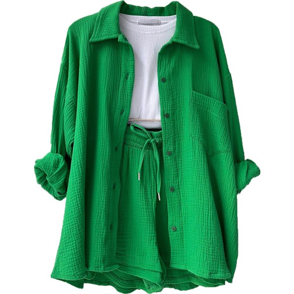 Skrynklig krage för kvinnor, långärmad skjorta, shorts med dragsko med hög midja, moderiktigt casual set i två delar green M green m