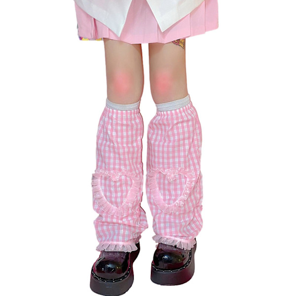 Kvinder Punk Lolita Benvarmere Pink Plaid Flæser Blonder Hjerte Fod Cover Sokker Pink 2