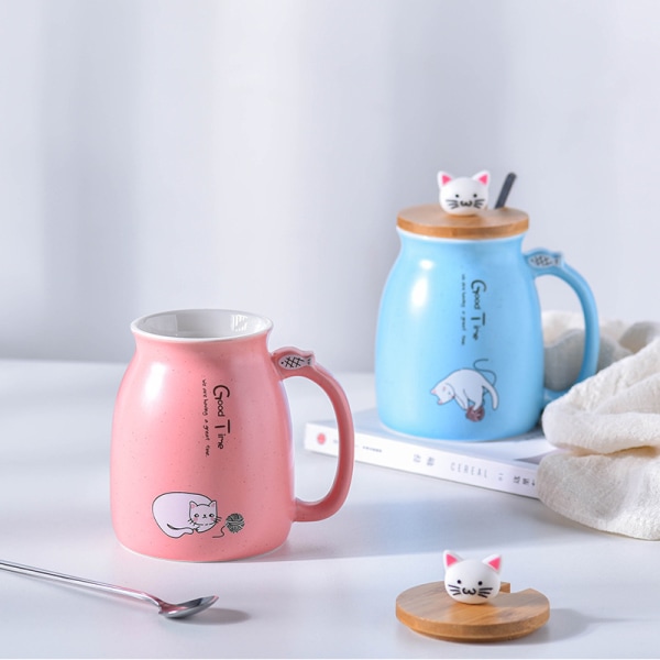 Kattmugg Söt keramisk kaffekopp julmugg 380ML（Rosa）
