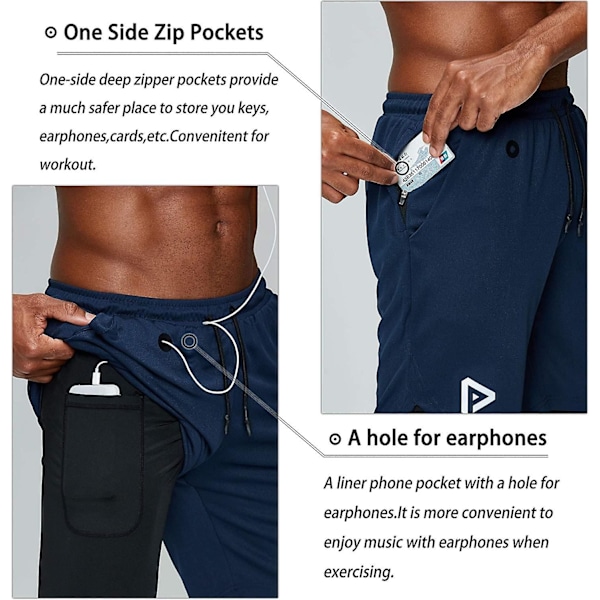 2 i 1 løbeshorts med telefonlomme Gym Workout Hurtigtørrende herreshorts 5 tommer Navy Blue Navy Blue Large