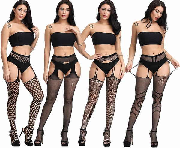 Plus Size netstrømper, sorte netstrømpebukser Lår høje strømper Suspender Strømpebukser 4 stk.