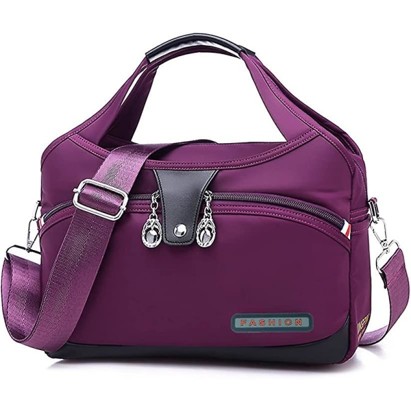 Axelväska för kvinnor, Handväska för skötväska, Arbetsväska för kvinnor med handtag och bred axelrem Messenger Bag-medium 9-fickor resväska (lila)