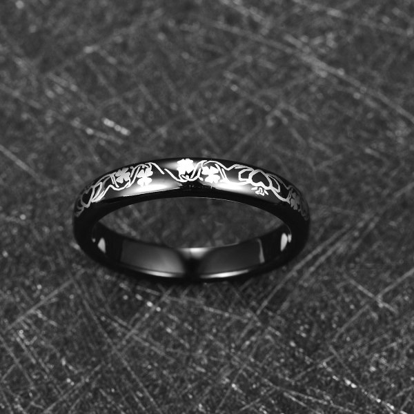 Nuncad 4mm Black Caldagh Firkløver Inoksiderbar Tungsten Carbide Ring Graver blomsterforlovelsesparringer 7