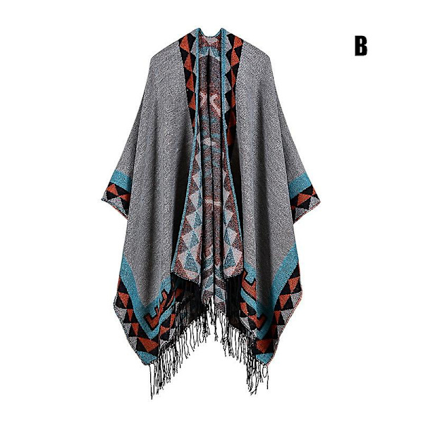 Printed tofs, öppen front Poncho Cape Klassisk elegant omlottsjal Vintage Cardigans filt H